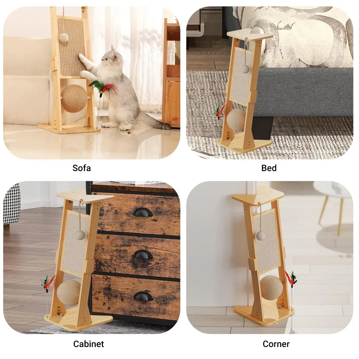 Wooden Corner Cat Scratching Panel with Hanging Toys - 70 cm
