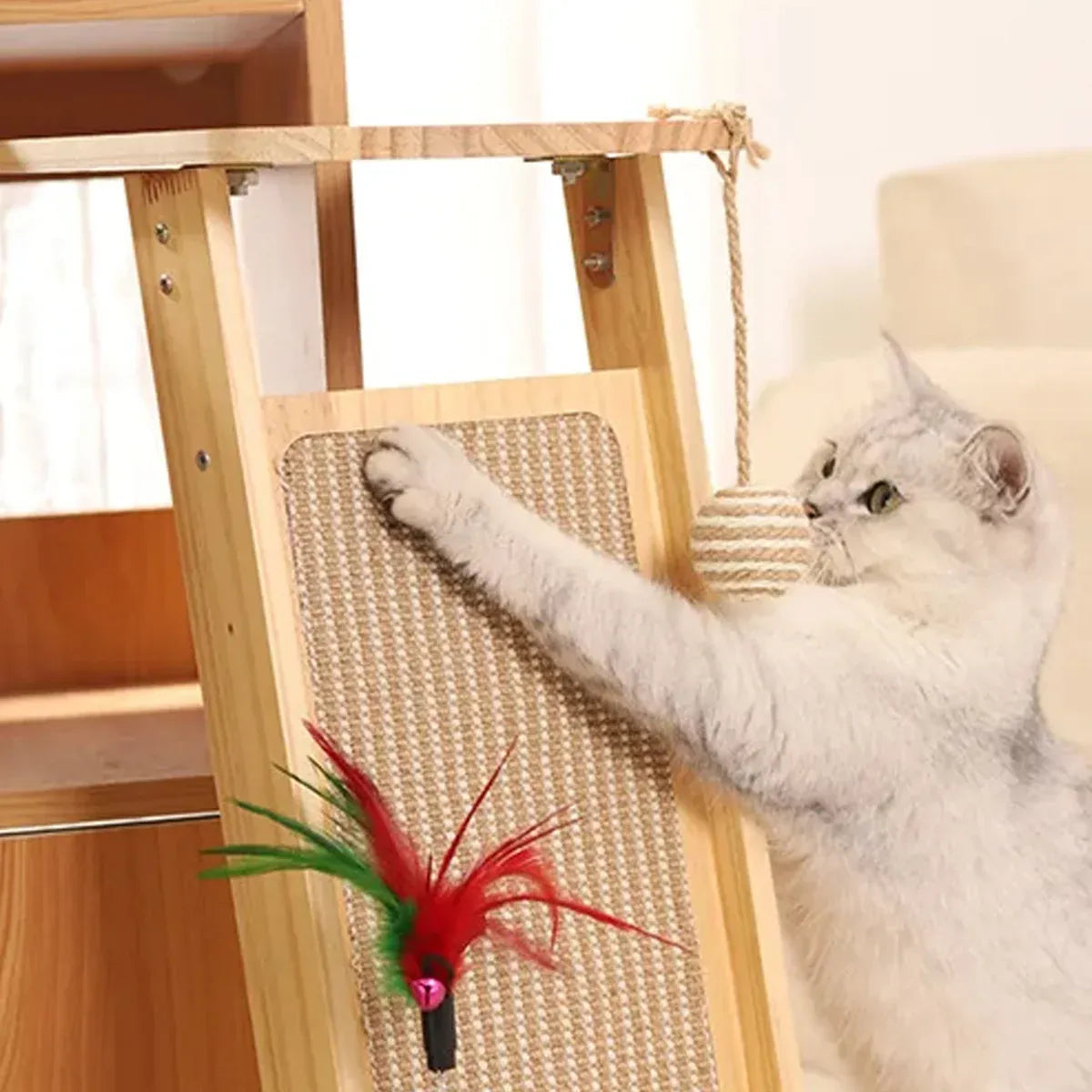 Wooden Corner Cat Scratching Panel with Hanging Toys - 70 cm