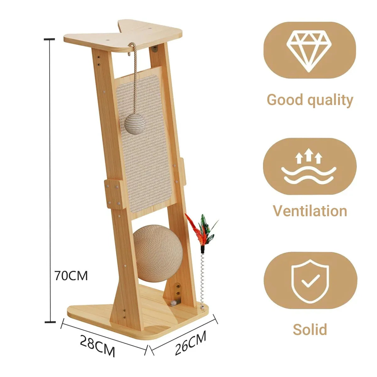 Wooden Corner Cat Scratching Panel with Hanging Toys - 70 cm
