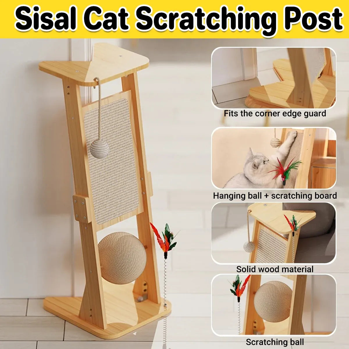 Wooden Corner Cat Scratching Panel with Hanging Toys - 70 cm