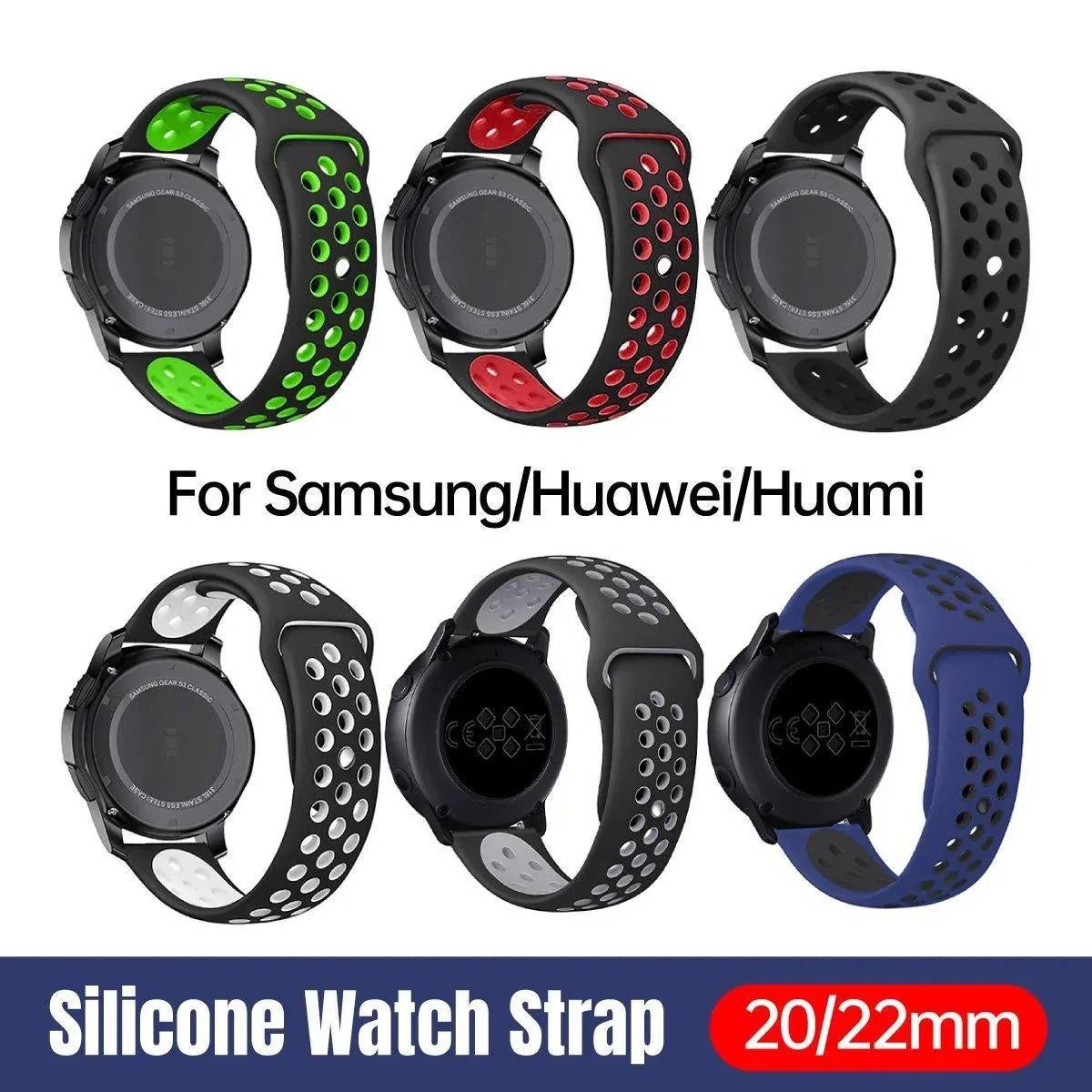 22mm 20mm Silicone Sports Watch Band for Samsung Huawei Huami Two-Tone Strap - 22mm-Black