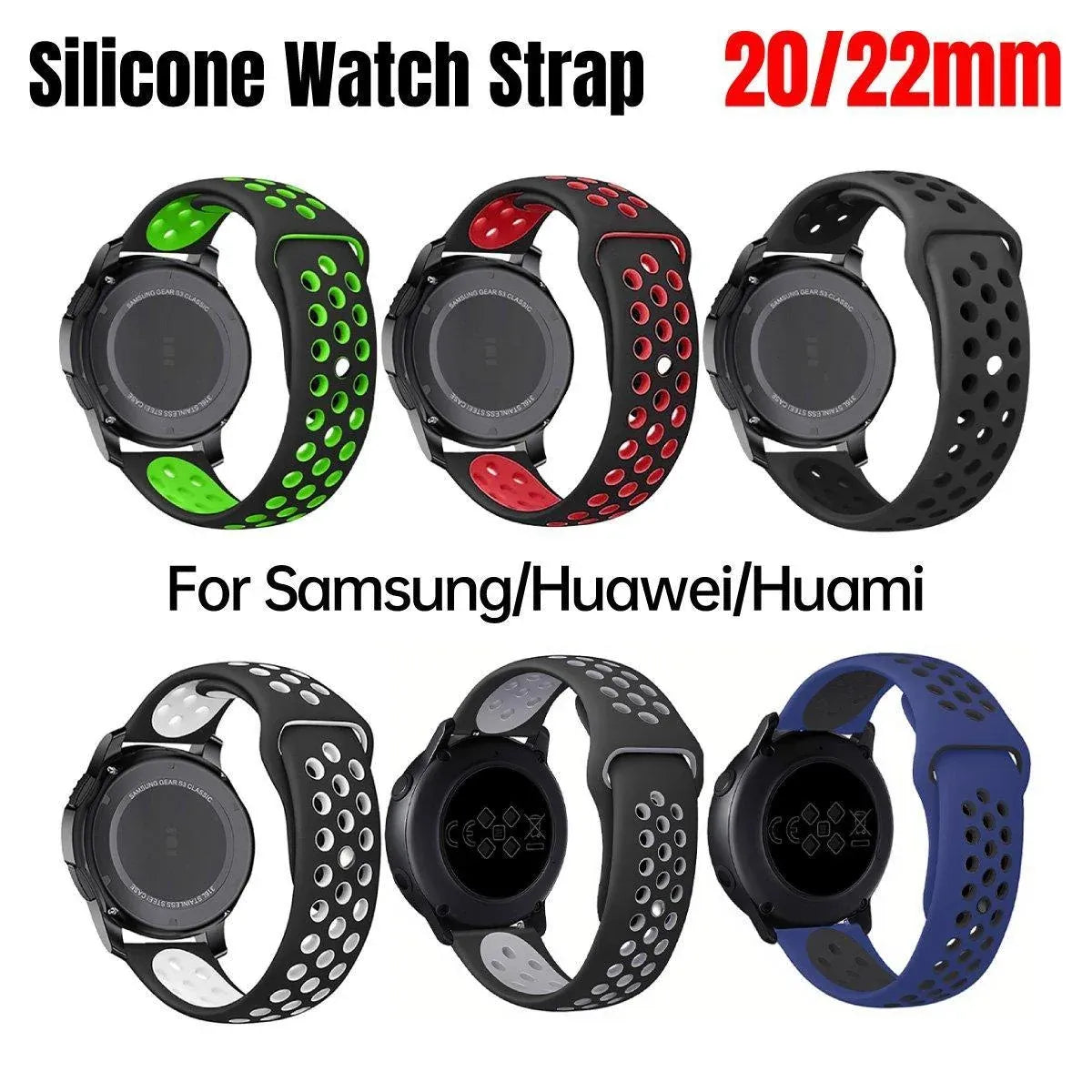 22mm 20mm Silicone Sports Watch Band for Samsung Huawei Huami Two-Tone Strap - 22mm-Black