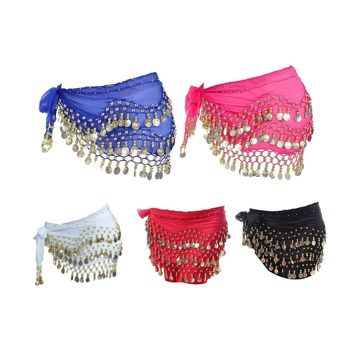 1X 3Rows Belly Dance Dancing Hip Scarf Belt Chain Skirt Golden Tone 98 Coin Bead - Rose Red
