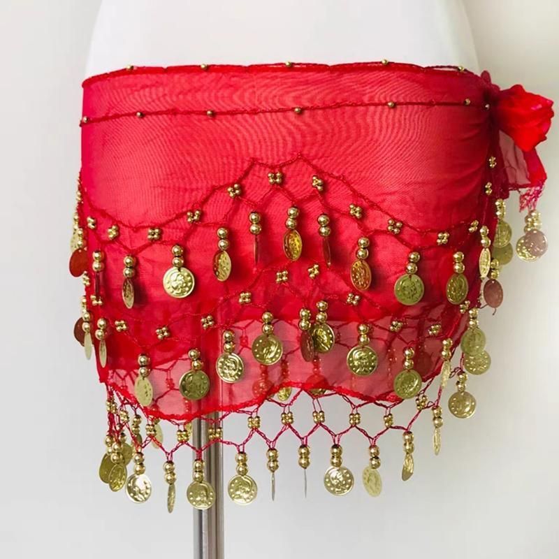 1X 3Rows Belly Dance Dancing Hip Scarf Belt Chain Skirt Golden Tone 98 Coin Bead - Rose Red