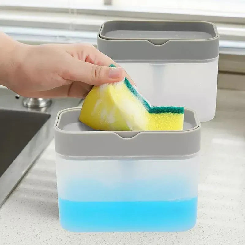 2 In 1 Soap Pump Dispenser Sponge Holder Dish Washing Liquid Container Kitchen - White