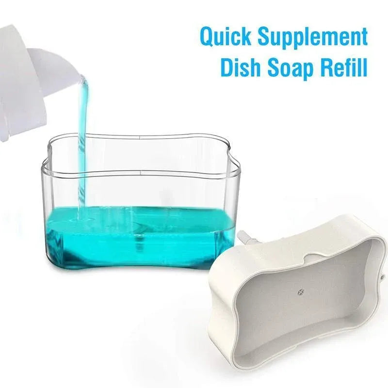 2 In 1 Soap Pump Dispenser Sponge Holder Dish Washing Liquid Container Kitchen - White