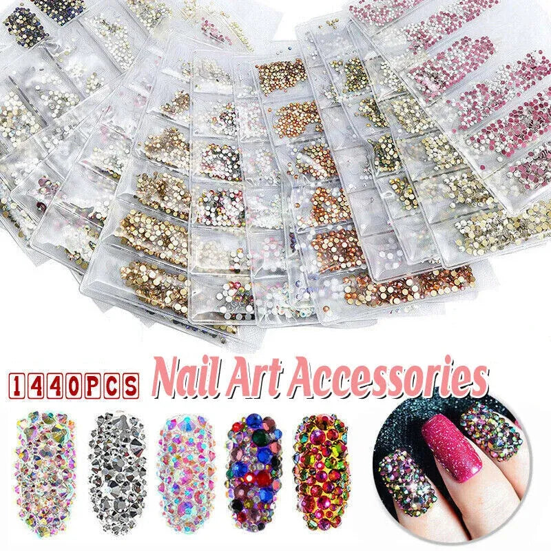 1440Pcs Glitter Rhinestones Crystal Clear Flat Bottom Glass Nail Art Nail Drill - Clear