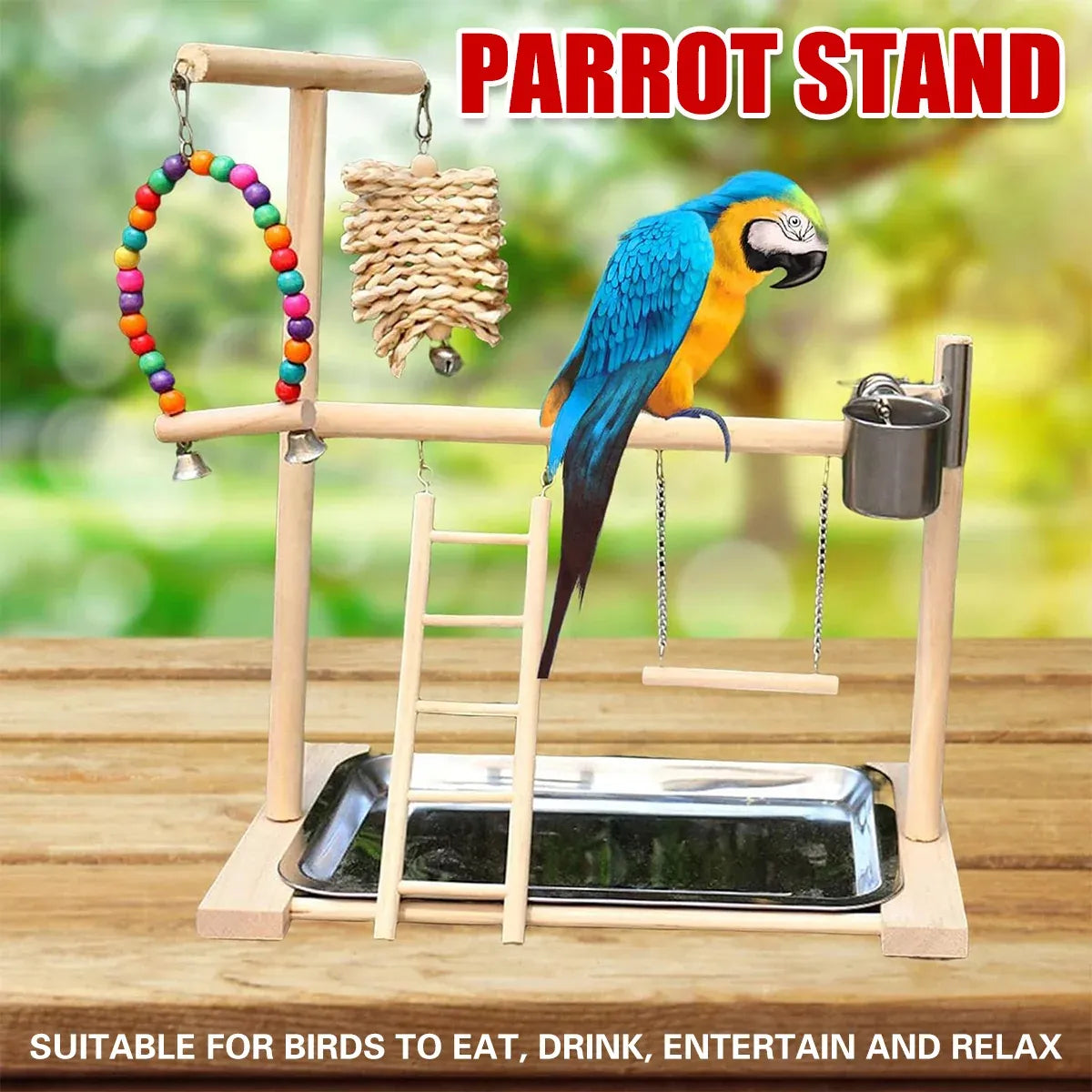 Wooden Parrot Activity Playstand with Swing & Ladder – 41 cm – product image 1 of 15