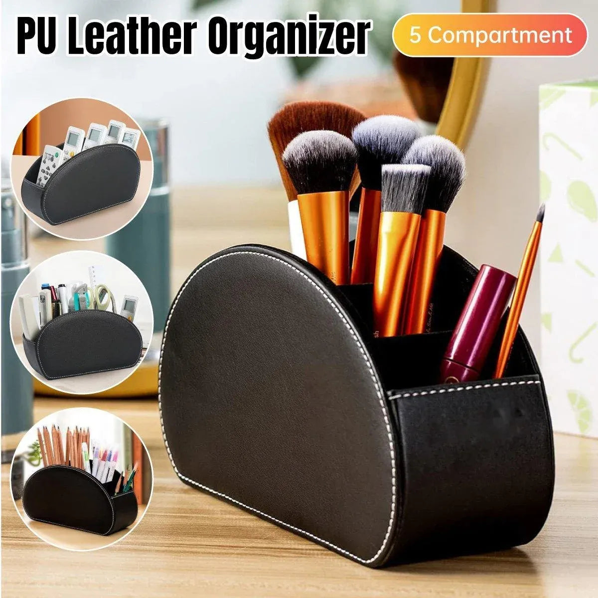 PU Leather Desktop Organiser Remote Control Office Cosmetic Storage Box Holder — product image 1