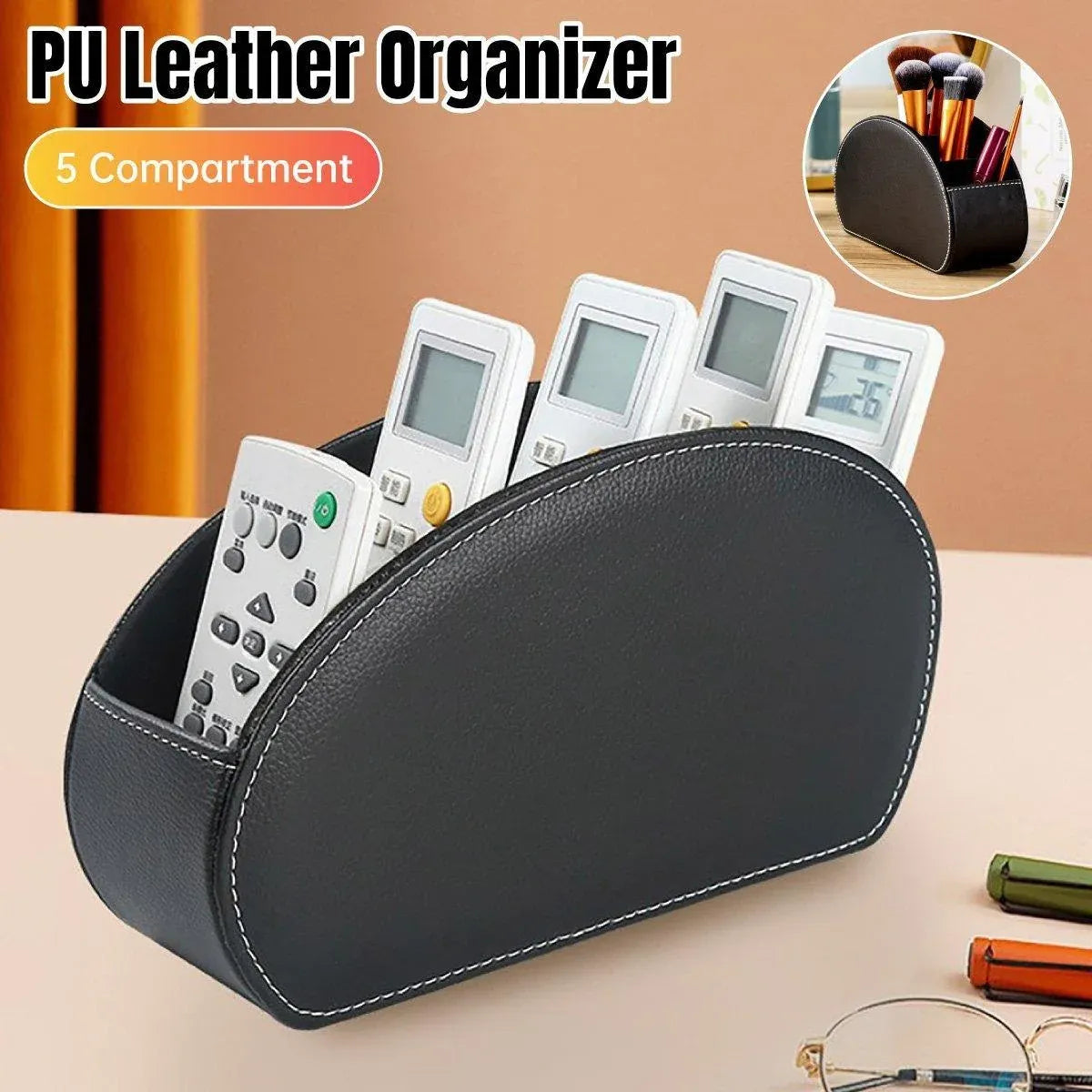 PU Leather Desktop Organiser Remote Control Office Cosmetic Storage Box Holder — product image 15