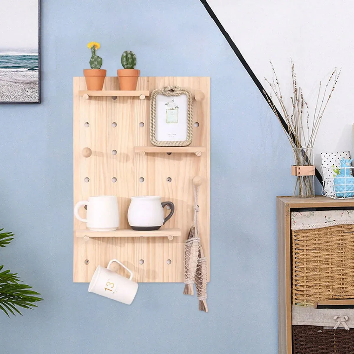 Wooden Pegboard Wall Shelf Hanging Storage for Home Office Display Sturdy