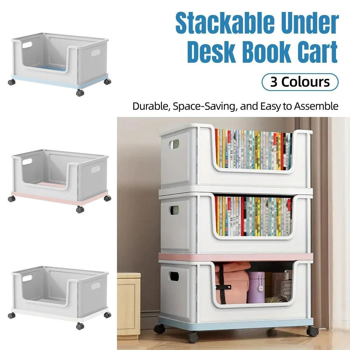 Under Desk Book Storage Box with Wheels Movable Classroom Student Organiser Rack - White — product image 13