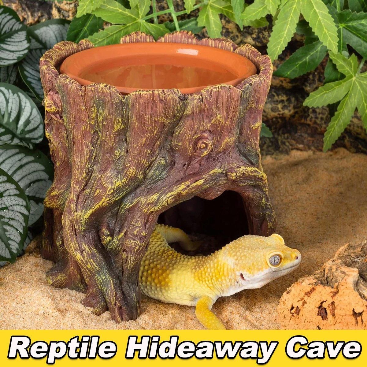 Tree-Stump-Style Reptile Cave Hide with Top Basin - 16.5 cm