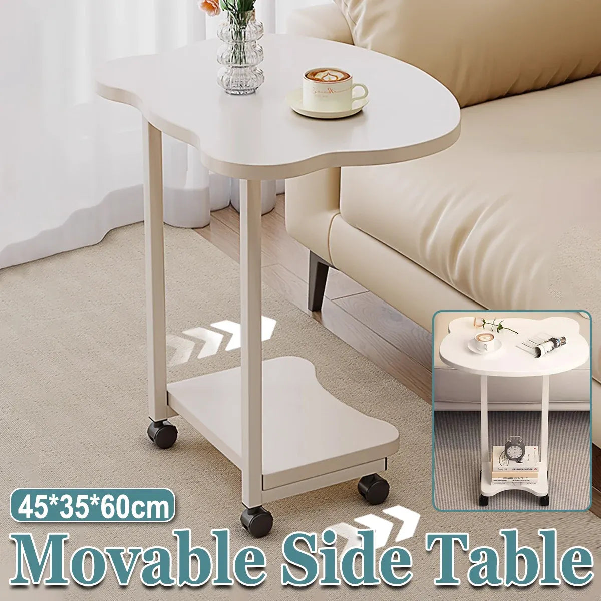Moveable Side Table Rolling Wheels Sturdy For Sofa Bedside Living Room Use
