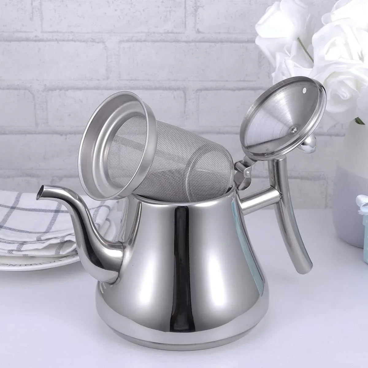 1 L Stainless Steel Teapot with Fine-Mesh Strainer