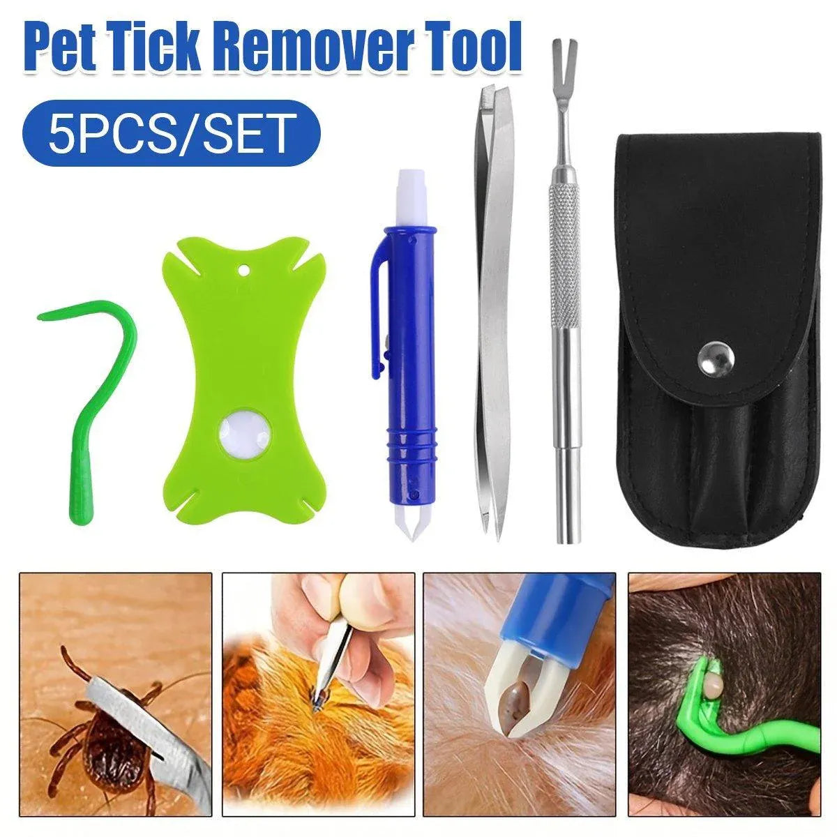 Pet Tick Removal Tweezer & Hook Tools, 5-Piece Set