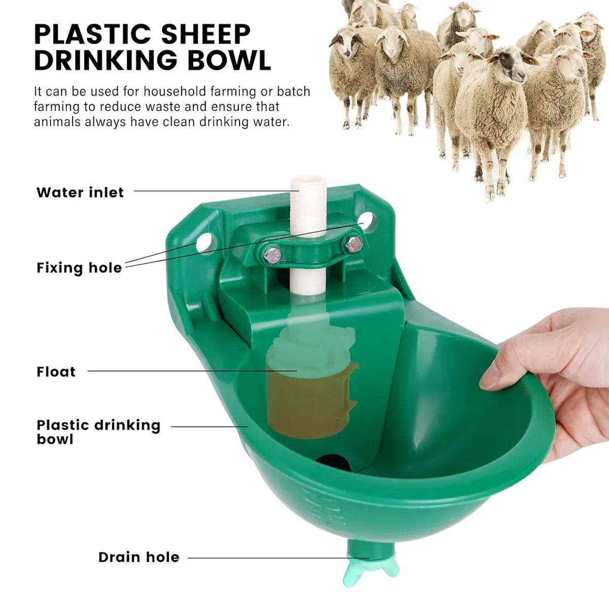 Automatic Float-Control Livestock Drinking Bowl - Green, 23 cm