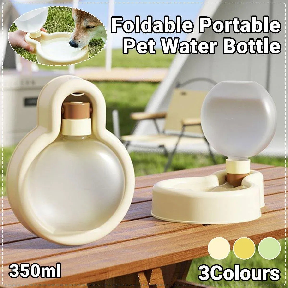 Foldable Pet Travel Water Bottle & Drinking Bowl - White, 350 mL
