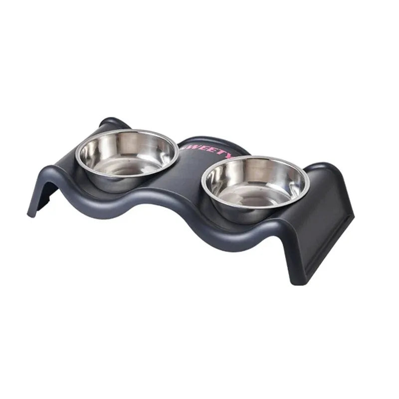Wavy-Stand Double Stainless Pet Feeding Bowls - Black, 35 cm