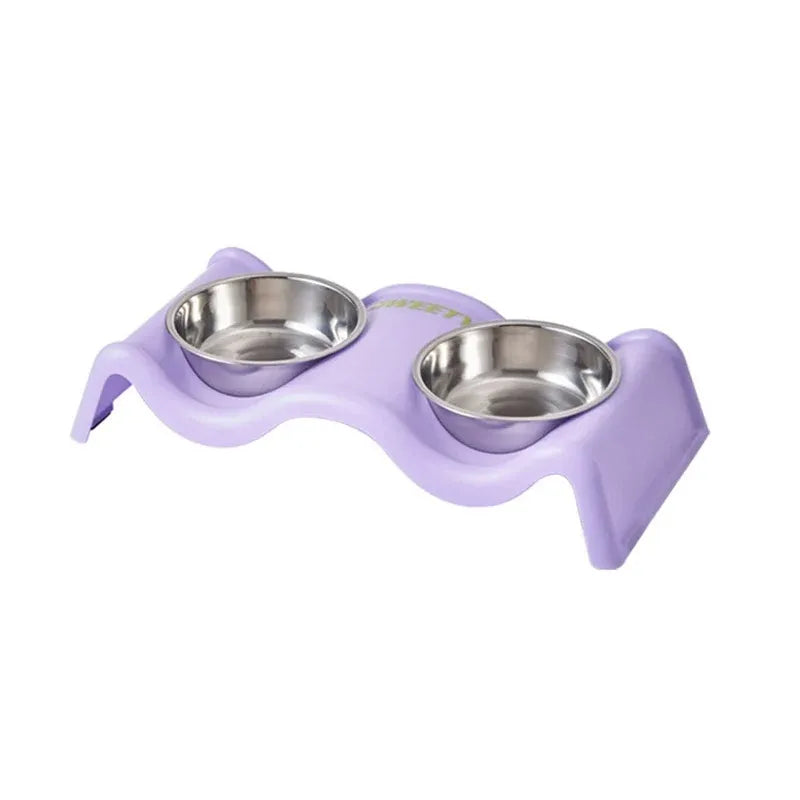 Wavy-Stand Double Stainless Pet Feeding Bowls - Purple, 35 cm