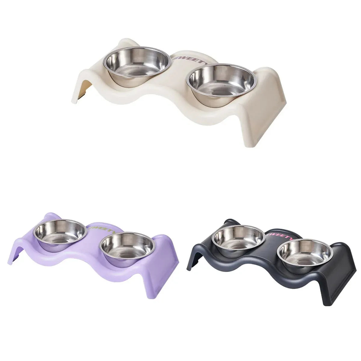 Wavy-Stand Double Stainless Pet Feeding Bowls - Purple, 35 cm
