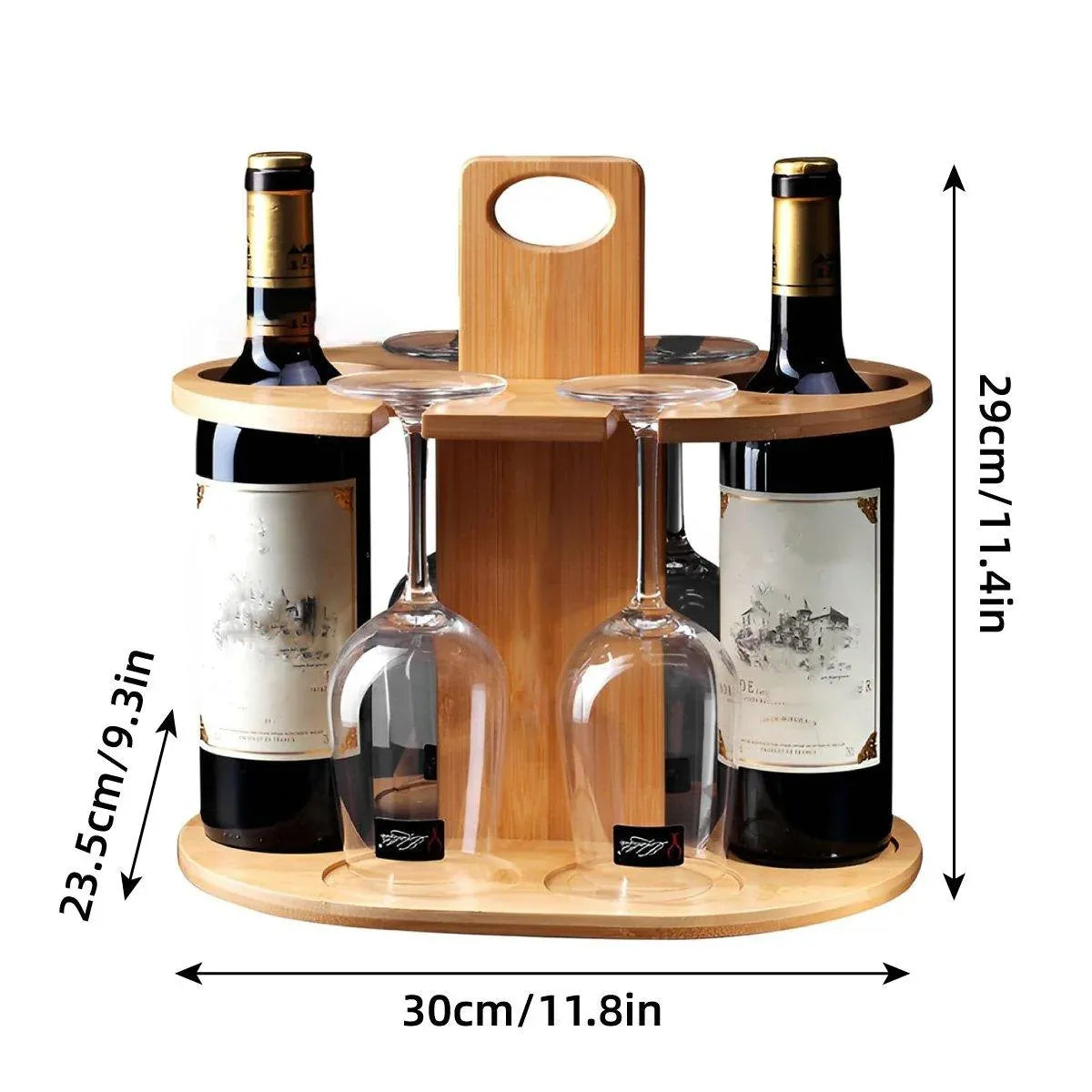 Wooden Wine Rack Free Standing 2Bottles with 4Glasses Holder Bamboo Wine Storage