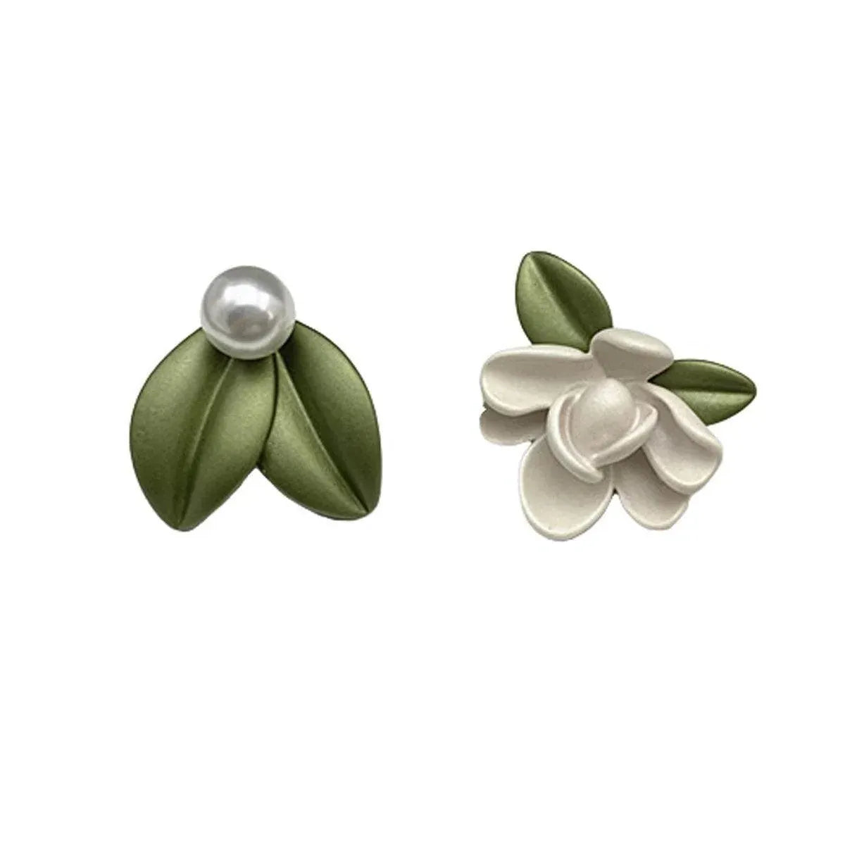 Asymmetrical Pearl Flower Stud Earrings 925 Silver Needle Summer Leaf Design