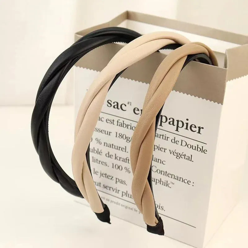 Women Girls Boho Chic Braided Synthetic Leather Hair Headband Head Band Hoop - Beige