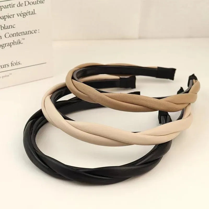 Women Girls Boho Chic Braided Synthetic Leather Hair Headband Head Band Hoop - Beige