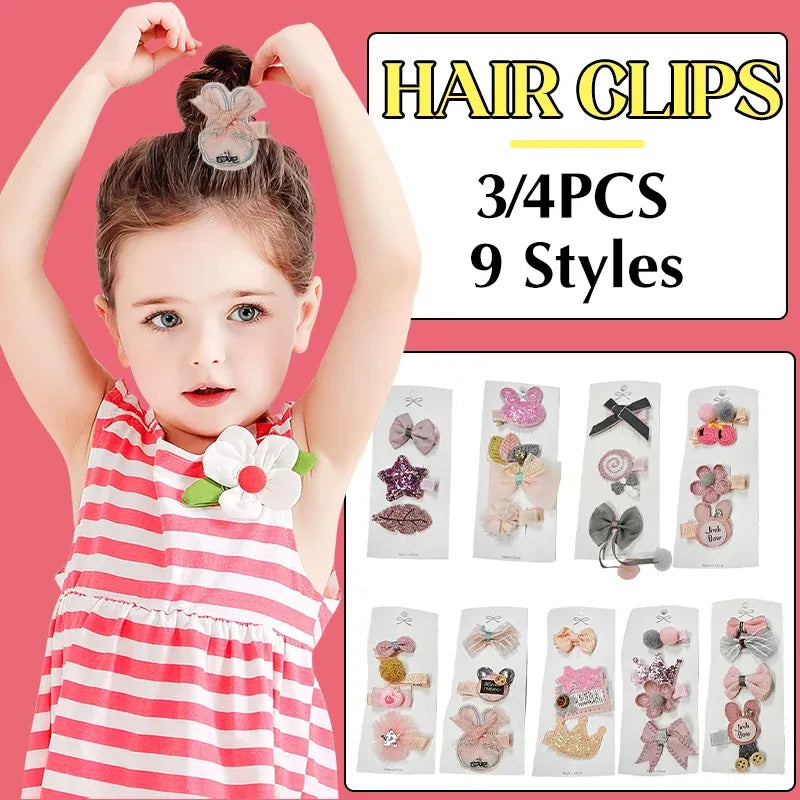 3/4PCS Christmas Hair Clips Set Bow Flower Hairpin Hairgrip Cute Girls Barrettes - Powder Stick Set