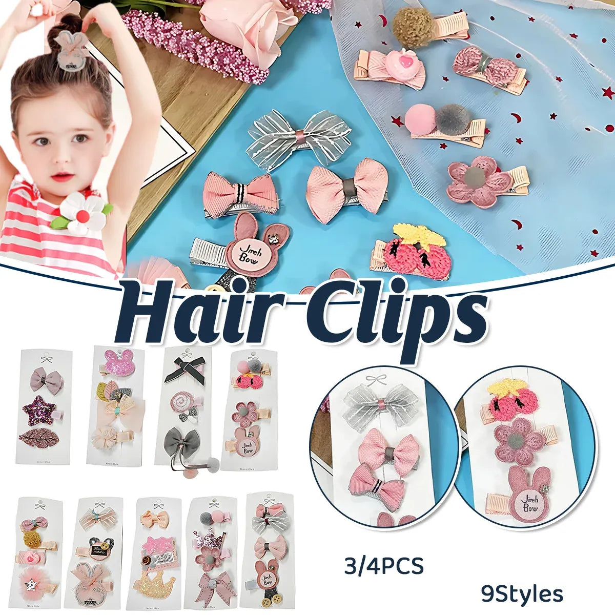3/4PCS Christmas Hair Clips Set Bow Flower Hairpin Hairgrip Cute Girls Barrettes - Powder Stick Set