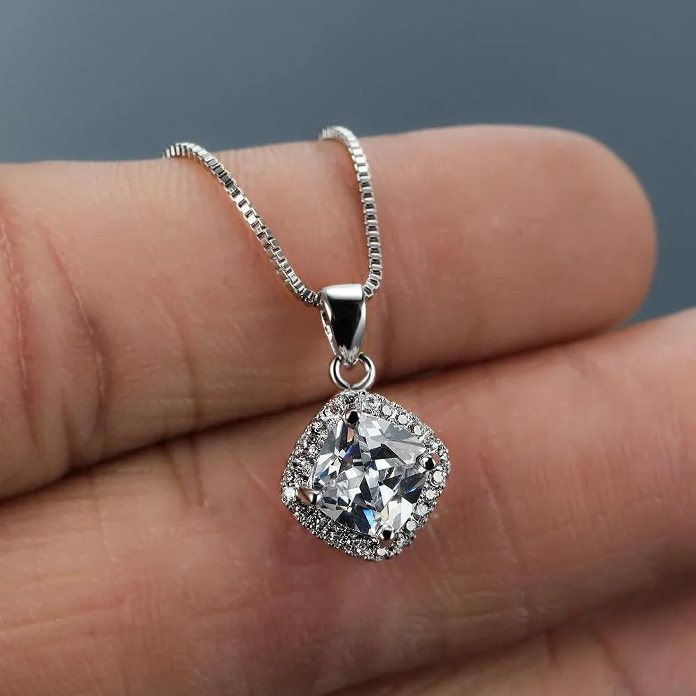 Fashion 925 Sterling Silver Stunning Square Cubic Zircon Pendant Necklace Chain - Green