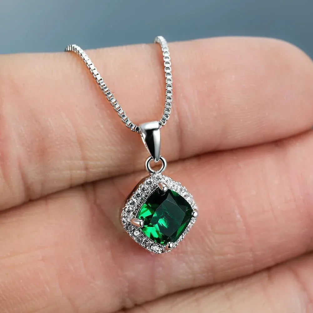 Fashion 925 Sterling Silver Stunning Square Cubic Zircon Pendant Necklace Chain - Green
