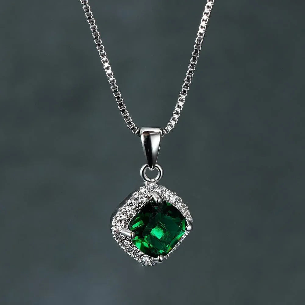 Fashion 925 Sterling Silver Stunning Square Cubic Zircon Pendant Necklace Chain - Green