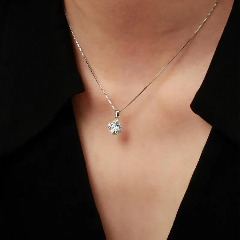 Fashion 925 Sterling Silver Stunning Square Cubic Zircon Pendant Necklace Chain - Green