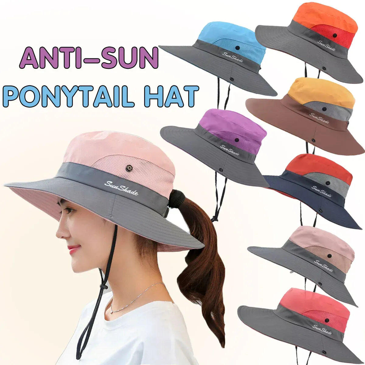 Women Wide Brim Ponytail Hat Sun Protect Visor Summer Beach Cap Anti Uv Floppy - Yellow
