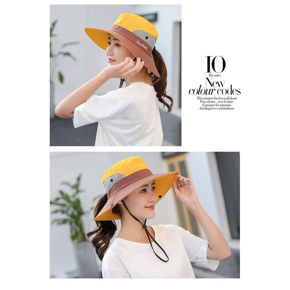 Women Wide Brim Ponytail Hat Sun Protect Visor Summer Beach Cap Anti Uv Floppy - Yellow