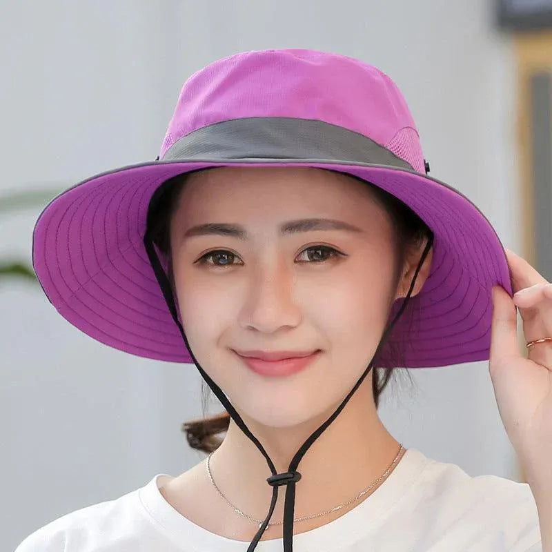 Women Wide Brim Ponytail Hat Sun Protect Visor Summer Beach Cap Anti Uv Floppy - Yellow