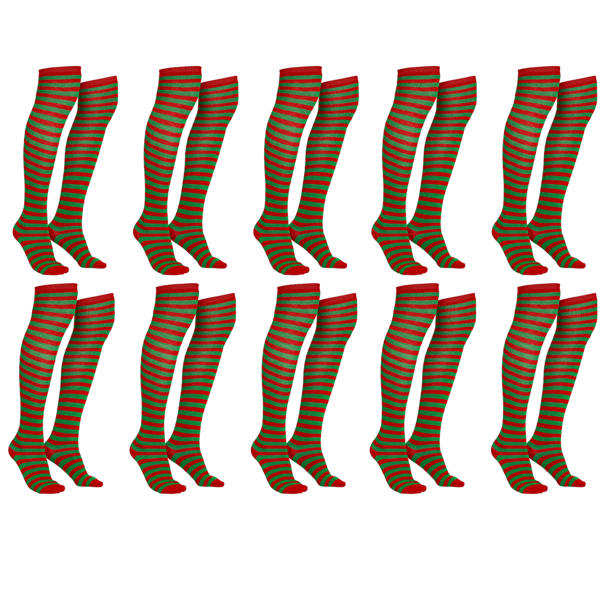 Christmas Red & Green Striped Over-the-Knee Socks – 10 Pairs