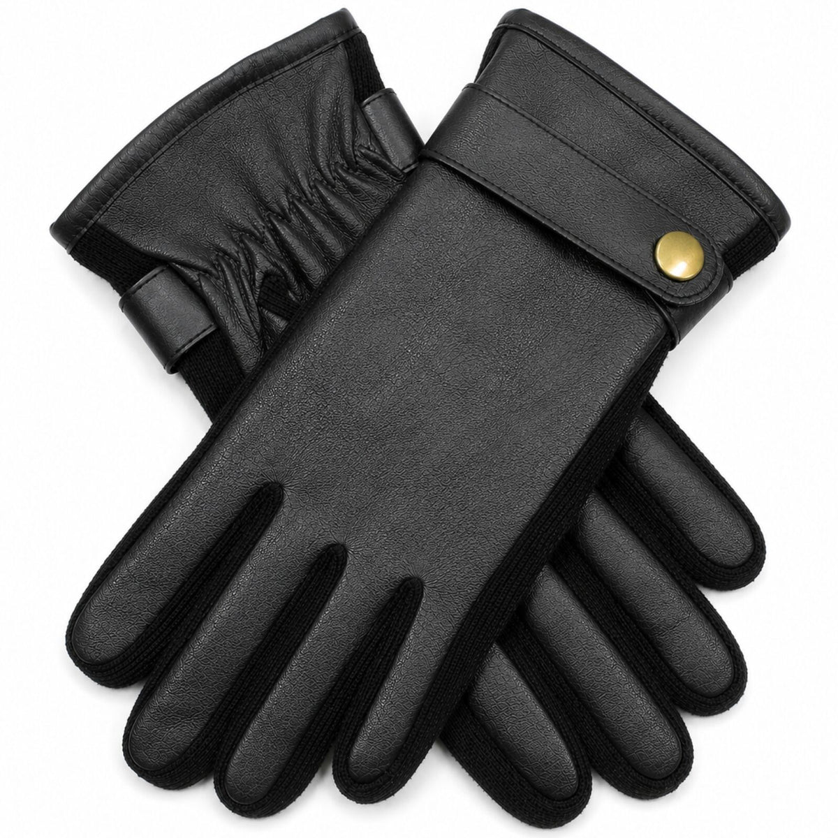 Mens Premium Kangaroo Leather Gloves Strap Stud Fastening Winter Warm - Black — product image 2