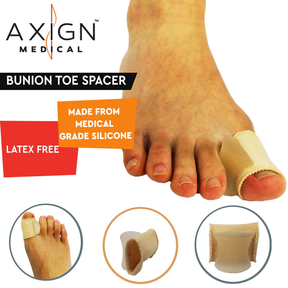 Axign Medical Silicone Bunion Toe Spacer with Sleeve – Large, 1 Pair