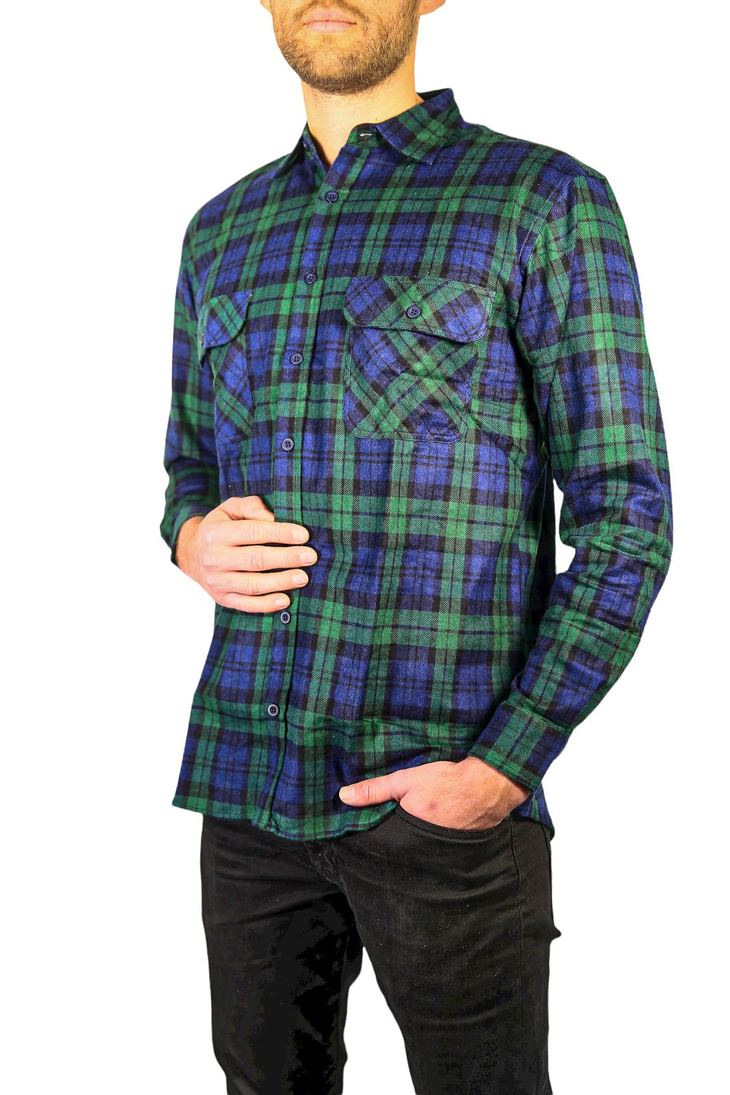 Men's 100% Cotton Full-Placket Flannelette Shirt – Green, S