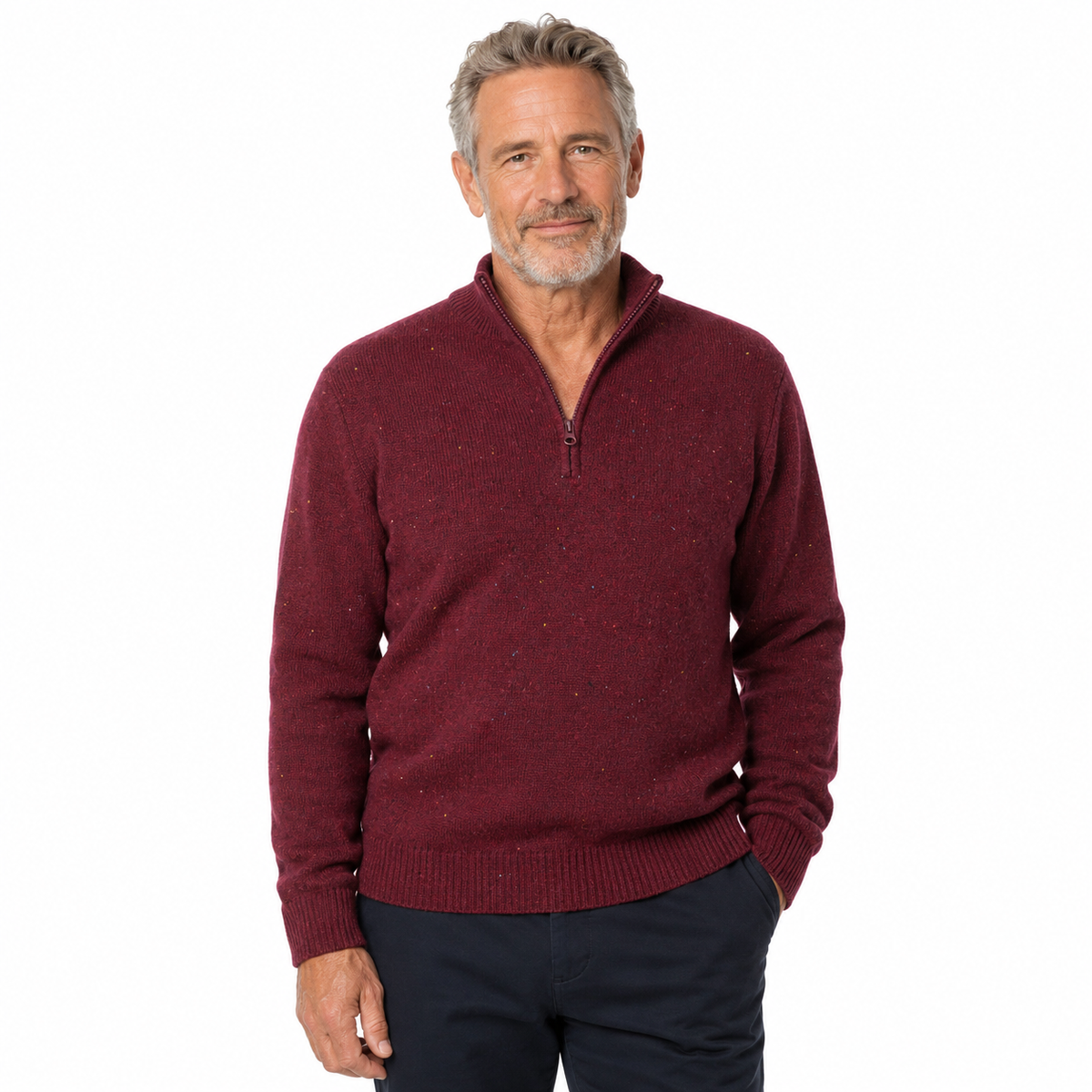 Men's Lambs Wool Half-Zip Knitted Jumper – Deep Red, M