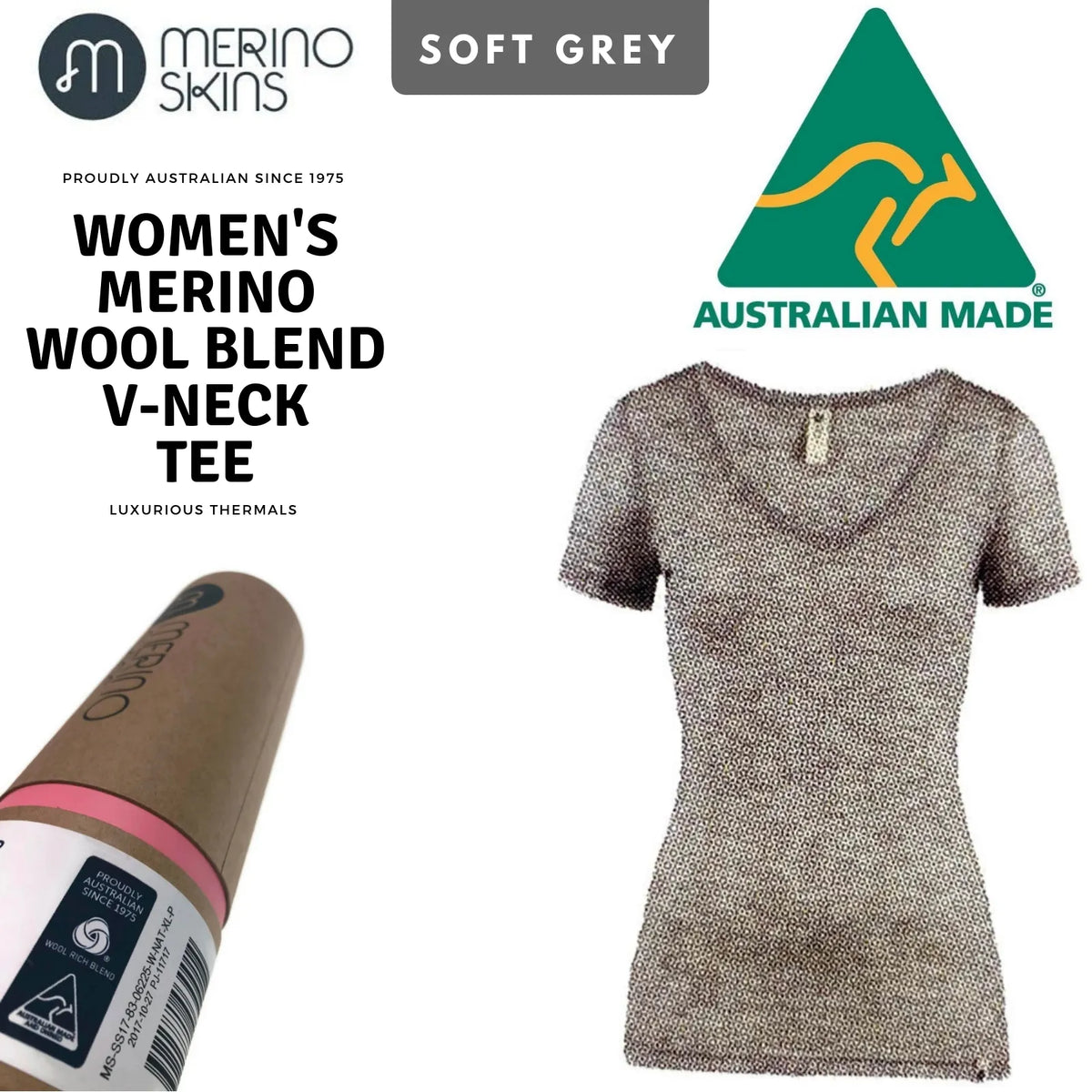 MERINO SKINS Womens Verona V-Neck Tee Thermal Top Wool Blend - Soft Grey — product image 2