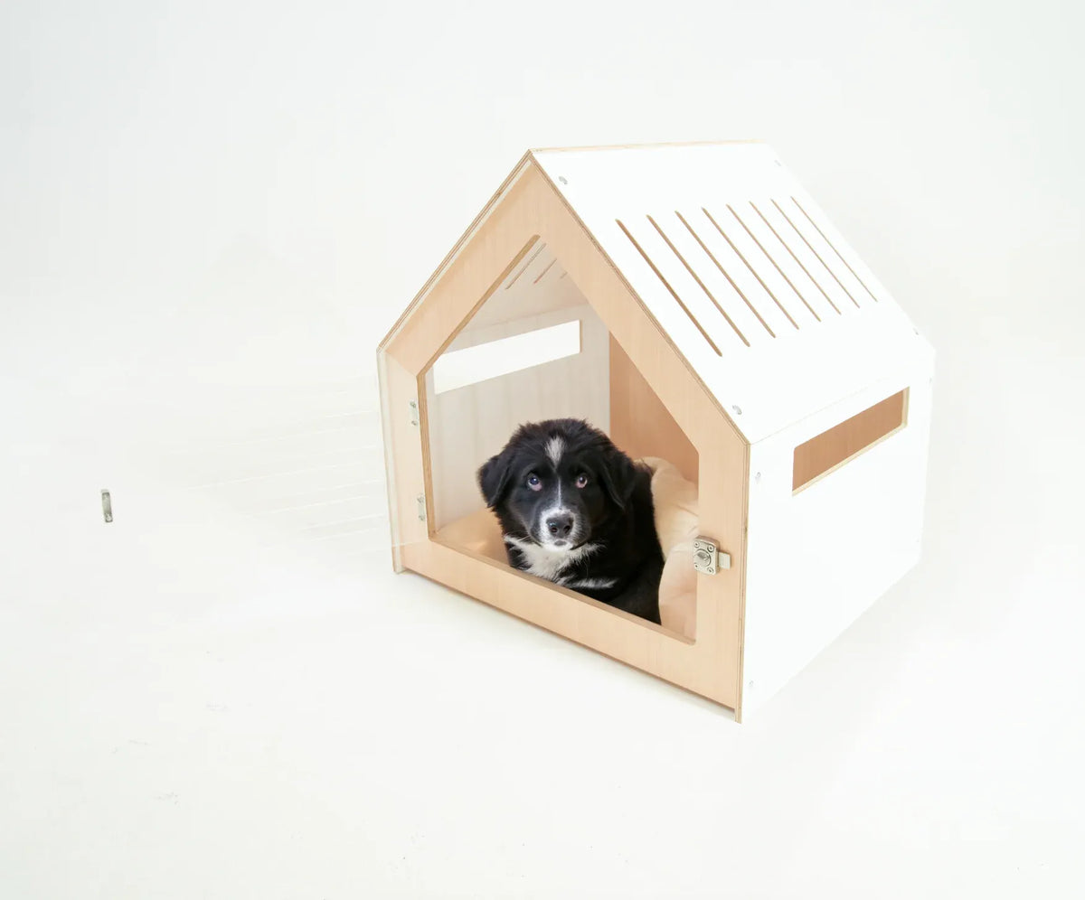 Modern Indoor Wooden Dog House with Acrylic Door & Cushion, White, 58 cm