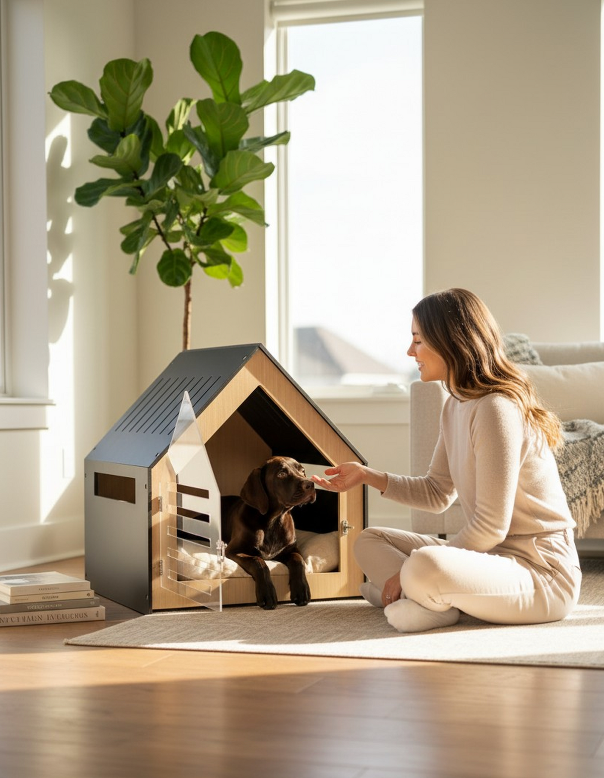 Modern Indoor Wooden Dog House with Acrylic Door & Cushion, White, 58 cm