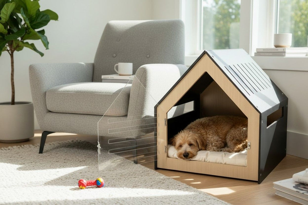 Modern Indoor Wooden Dog House with Acrylic Door & Cushion, White, 58 cm