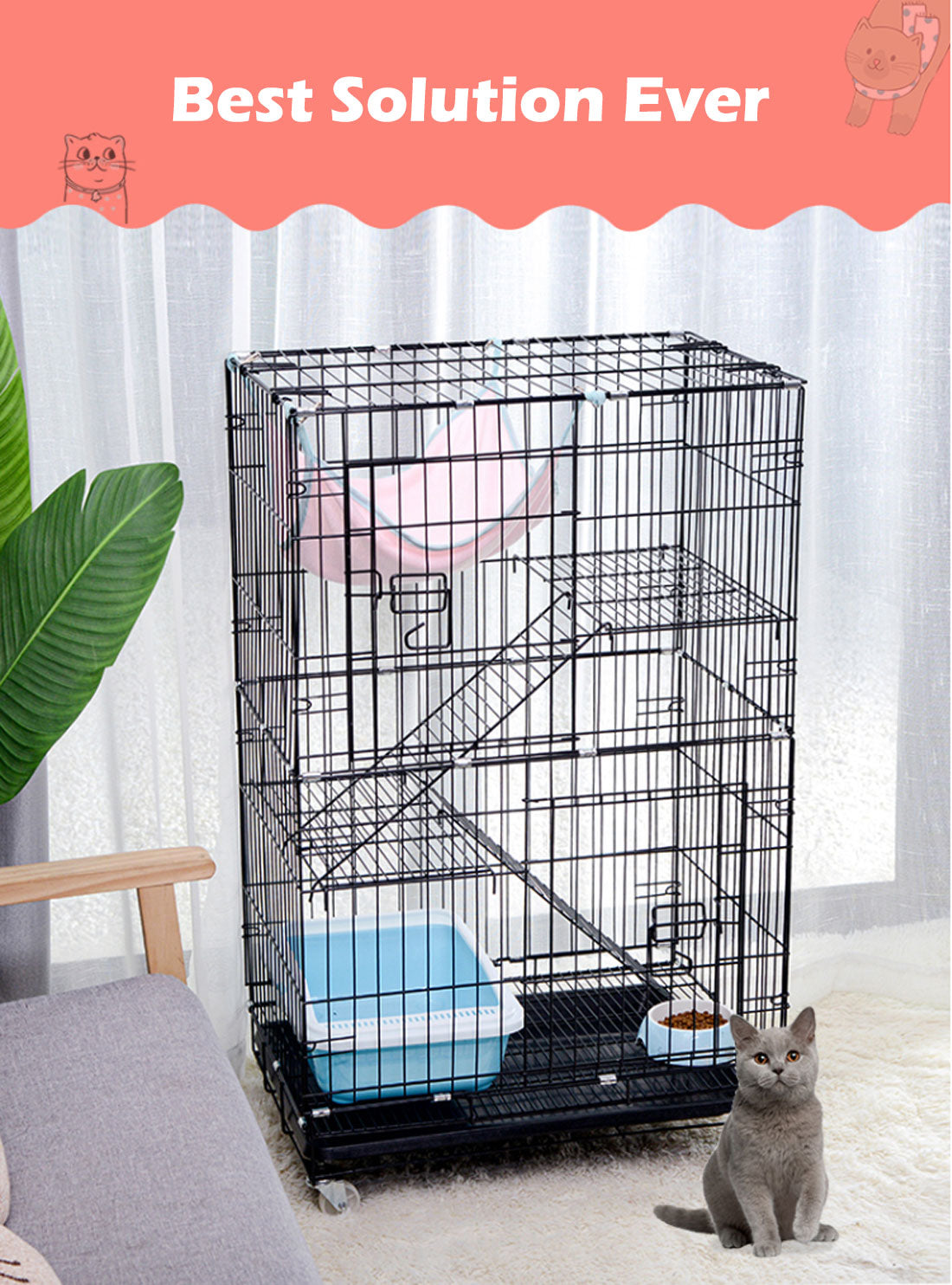 3-Level Small Animal Cage with Castor Wheels - XL, Black, 76 × 50 × 115 cm