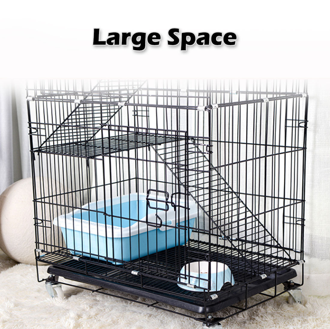 3-Level Small Animal Cage with Castor Wheels - XL, Black, 76 × 50 × 115 cm