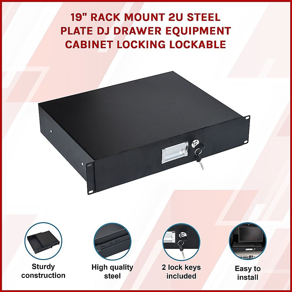 19" Rack Mount 2U Steel Plate DJ Drawer Equipment Cabinet Locking Lockable – product photo 2